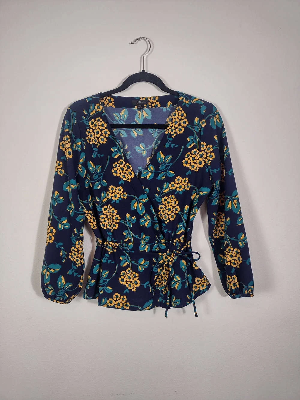 J. Crew Blue Yellow Floral Faux Wrap Tie Waist Peplum Long Sleeve Blouse Size M